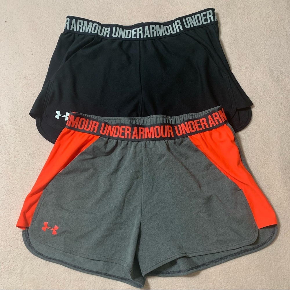 Under Armour Black and Gray Shorts Duo with‎ Orange Accents. Both are size M